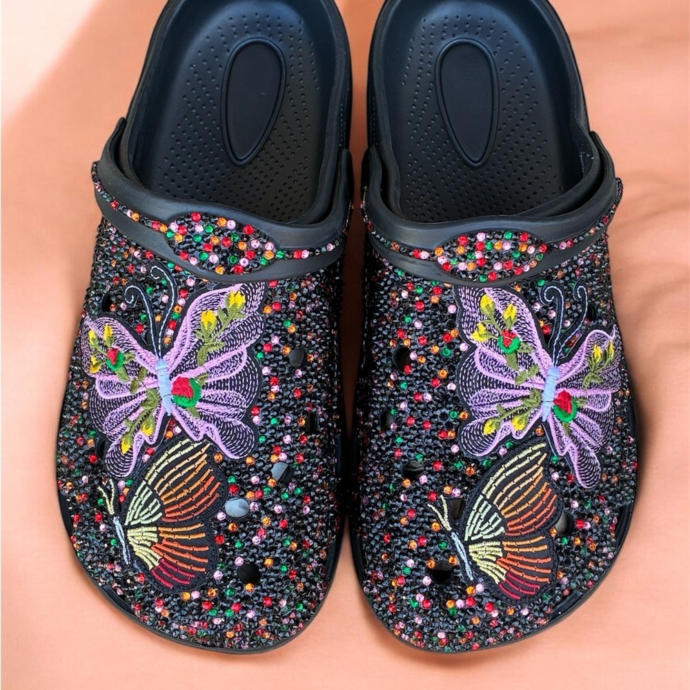 Black Embellished Butterfly Slip-On Clogs